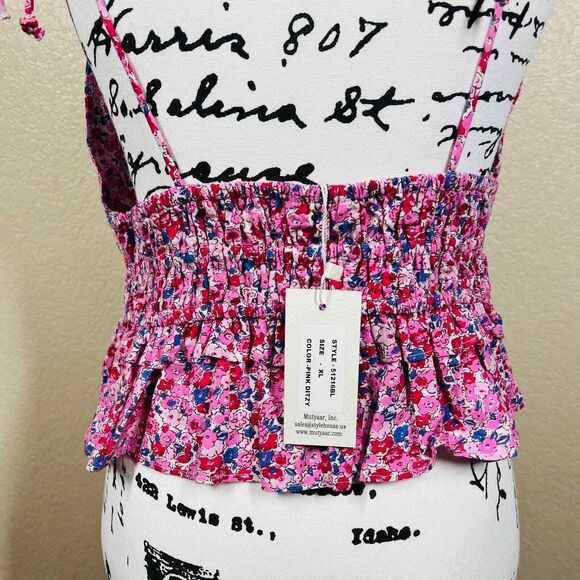 Sim and Sam pink top strap V neckline smocked floral blouse size XL boho baddie - Picture 9 of 12